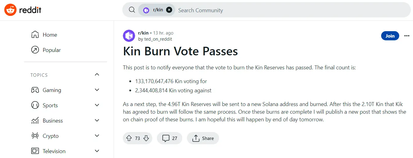 kin cryptocurrency burning vote passed