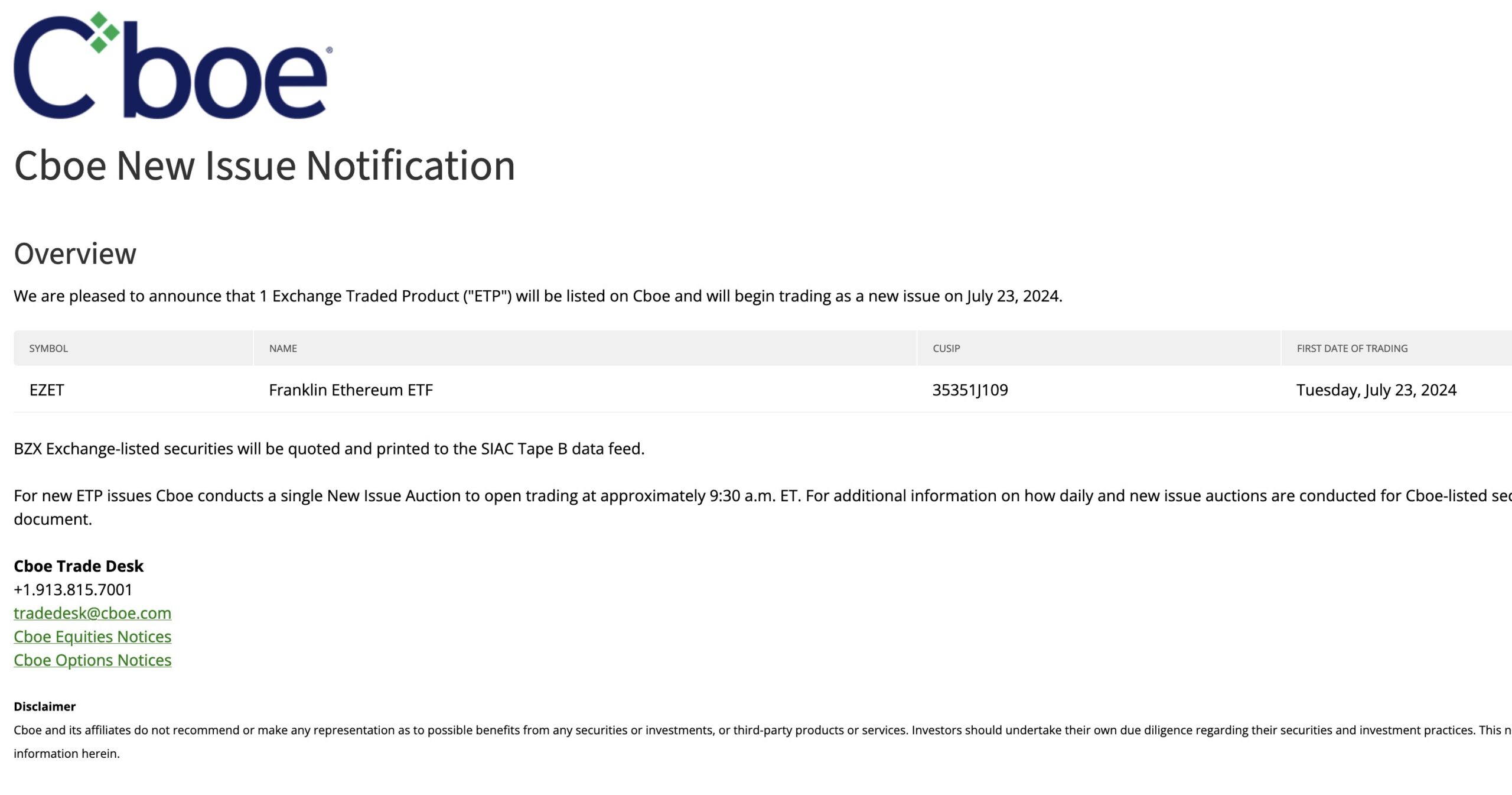 CBOE's Ethereum Spot ETF Launching Date Announcement.