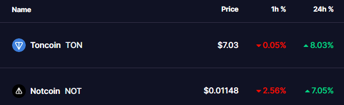 Toncoin and Notcoin Prices on 19 august