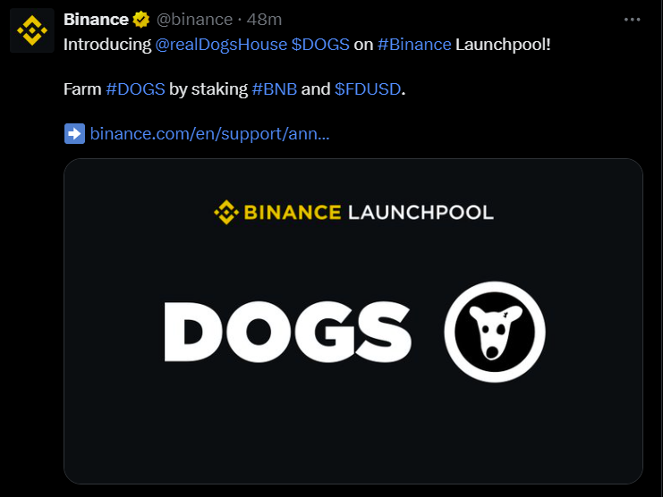 Binance tweet of DOGS token