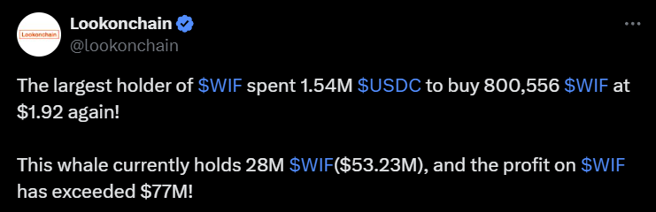 Lookonchain WIF Whale Transaction'