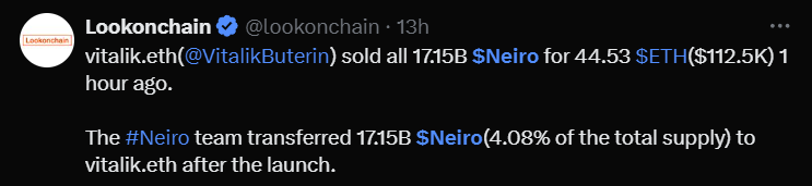 Neiro selloff tweet by Lookonchain