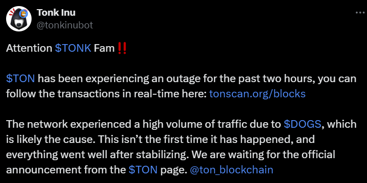 TONK INU TWEET ABOUT TON OUTAGE