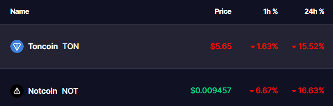 Toncoin and Notcoin Prices on 25 August