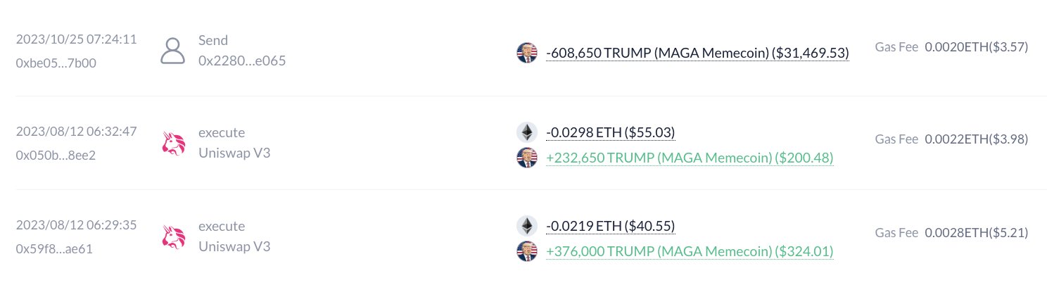 TRUMP COIN TRNSACTIONS BY TRADER