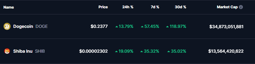 DOGE and SHIB Coins Prices