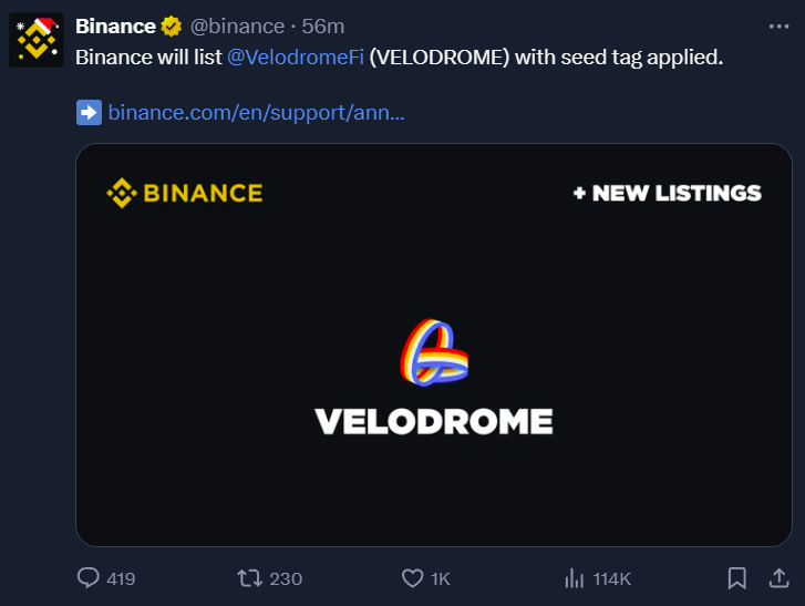 Binance Listing Of VELO Token