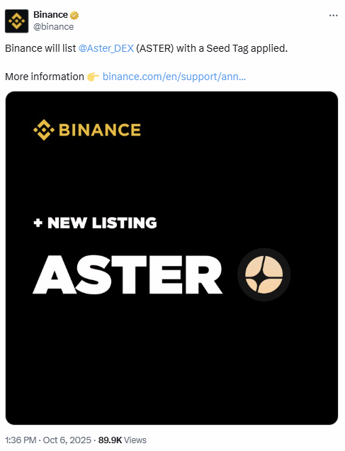 ASTER Binance Listing