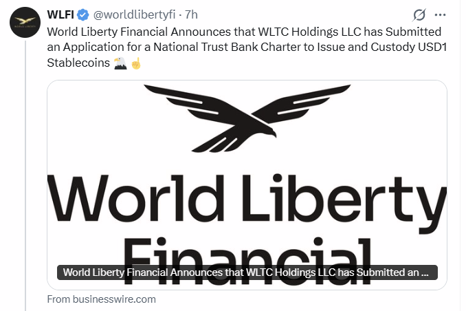 World Liberty Financial X announcement image of WLTC Holdings LLC application to the OCC for a National Trust Bank charter for USD1 stablecoin.