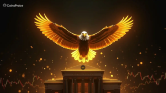 A dark yellow and black cinematic illustration of a flying eagle above a modern bank building, with glowing trading chart lines symbolizing a bullish breakout and financial momentum.