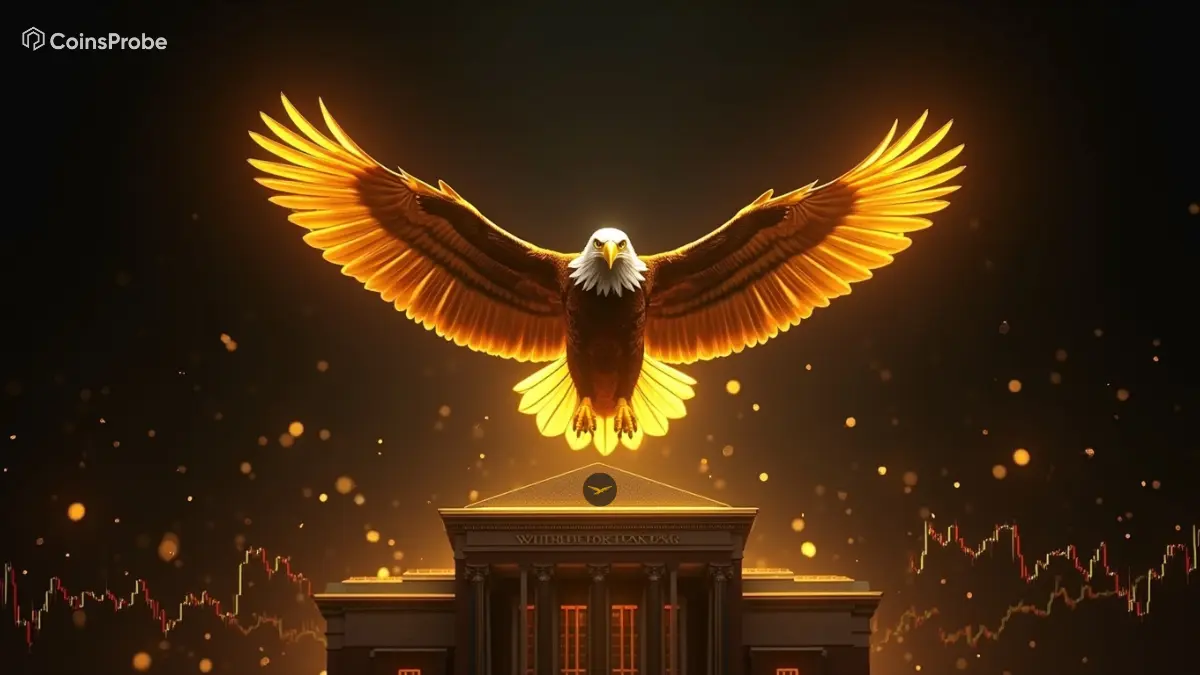 A dark yellow and black cinematic illustration of a flying eagle above a modern bank building, with glowing trading chart lines symbolizing a bullish breakout and financial momentum.