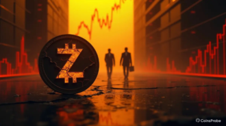 A cinematic orange-yellow illustration showing a falling Zcash (ZEC) coin with downward trading charts, symbolizing heavy liquidations after a team resignation.
