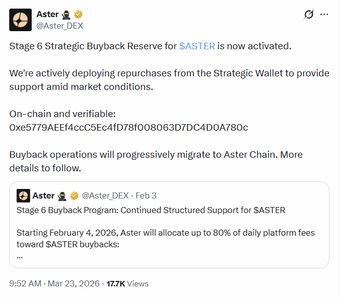 Aster DEX Stage 6 strategic buyback wallet 0xe5779AEEf4ccC5Ec4fD78f008063D7DC4D0A780c actively repurchasing $ASTER on-chain March 23 2026