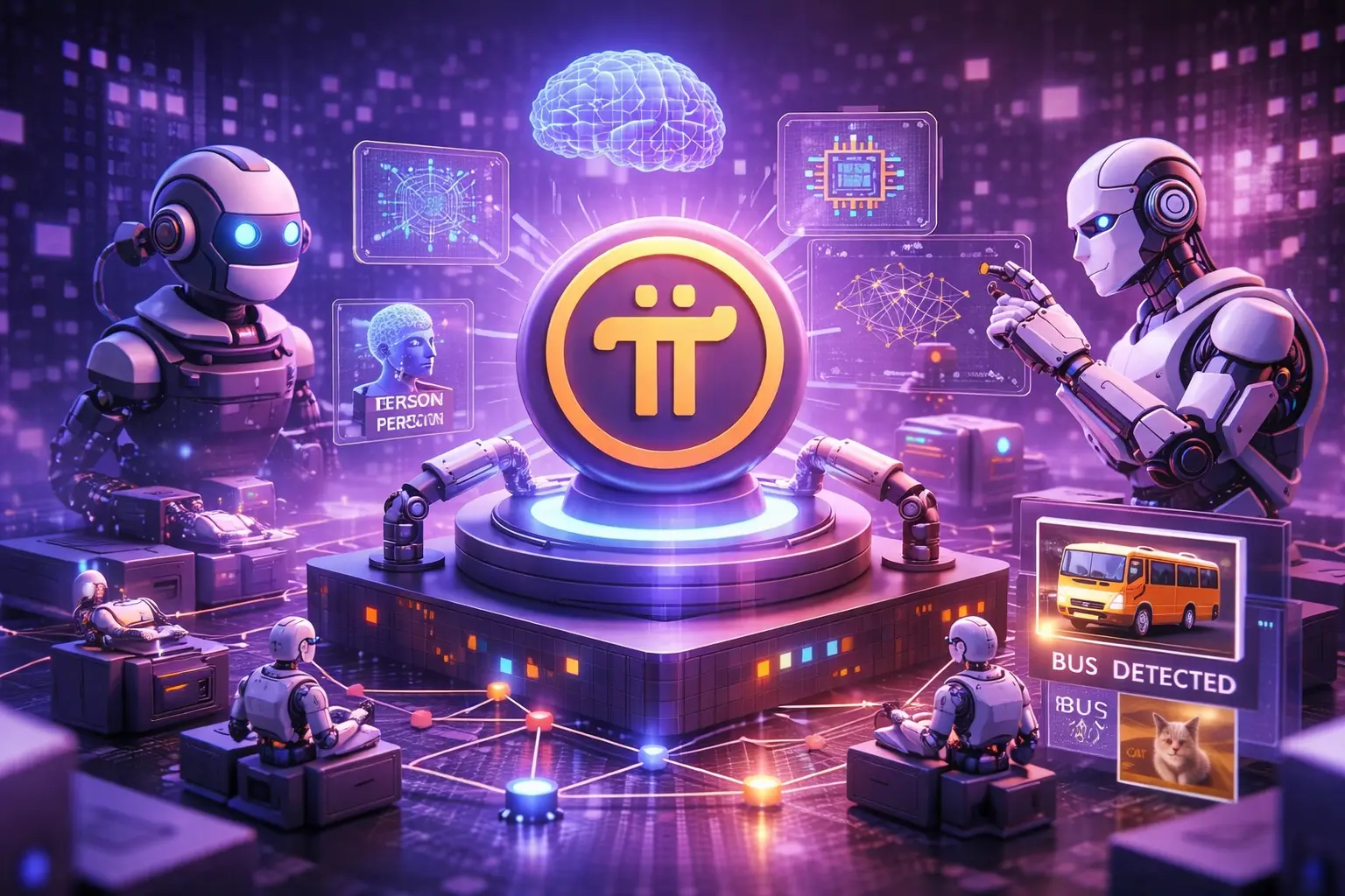 3D visualization of Pi Network’s distributed node infrastructure processing AI workloads in collaboration with OpenMind robotics platform.