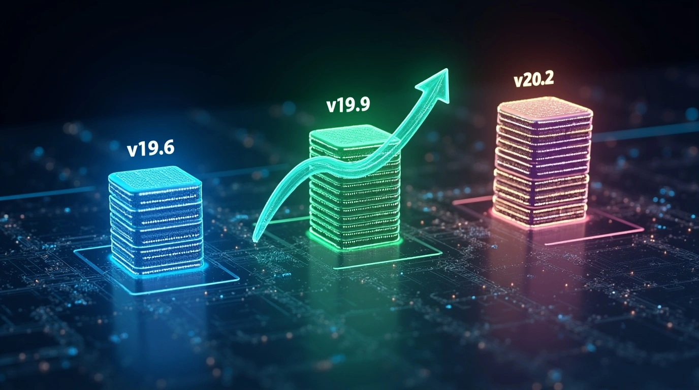 3D visualization of Pi Network protocol upgrade progression from v19.6 to v19.9 to v20.2 with connected nodes and glowing upgrade arrows