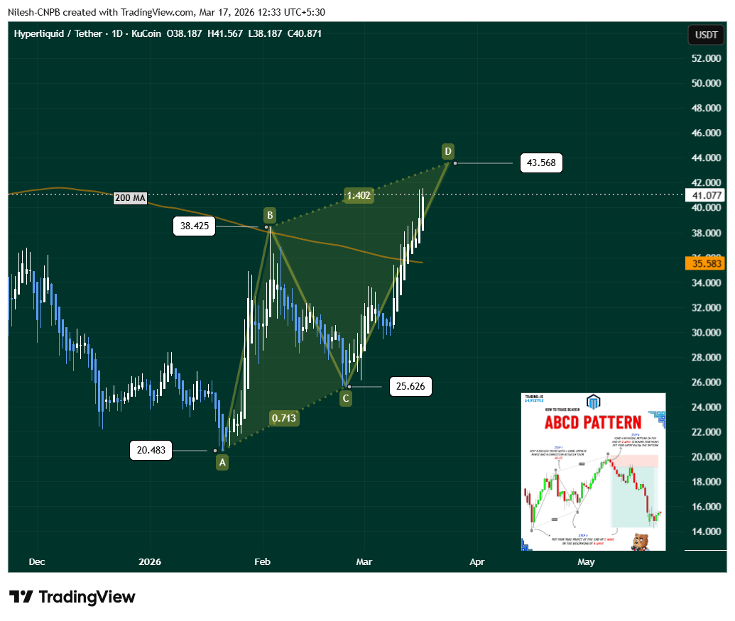 Hyperliquid HYPE price chart showing ABCD pattern and resistance near $43