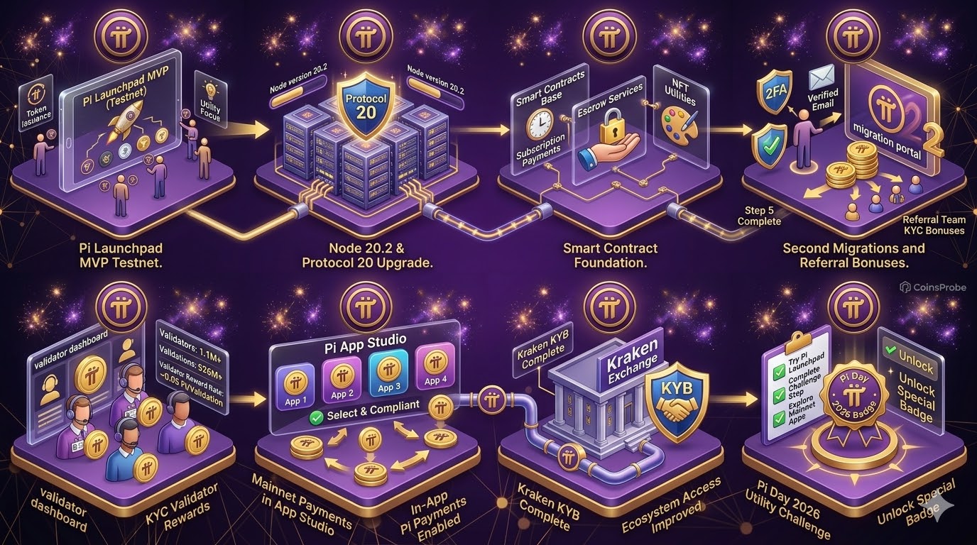 A high-quality 3D infographic grid titled 'Pi Network 7th Anniversary Updates (Pi Day 2026)'. The image features eight interconnected isometric stages on a purple and gold cosmic background. It details the Pi Launchpad MVP Testnet, Node 20.2 and Protocol 20 upgrades, Smart Contract foundations (Subscriptions, Escrow, NFTs), Second Migrations with 2FA, KYC Validator Rewards for 1.1M+ validators, Pi App Studio Mainnet payments, Kraken KYB exchange integration, and the Pi Day 2026 Utility Challenge badge.
