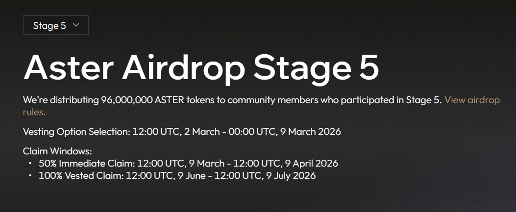 Aster Airdrop Stage 5 Claim and Distribution