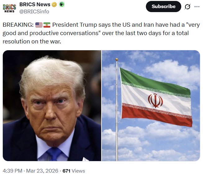 BRICS News tweet from @BRICSinfo dated March 23 2026 showing President Trump announcing "very good and productive conversations" with Iran over the last two days for a total resolution on the war