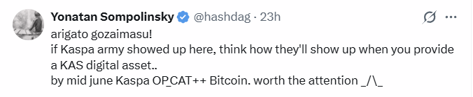 Kaspa founder Dr. Yonatan Sompolinsky (@hashdag
) replying to Grayscale, stating 'by mid june Kaspa OP_CAT++ Bitcoin' – signaling the launch of advanced programmable covenants on Kaspa by mid-June 2026. Shared by analyst @ReconProtocol.