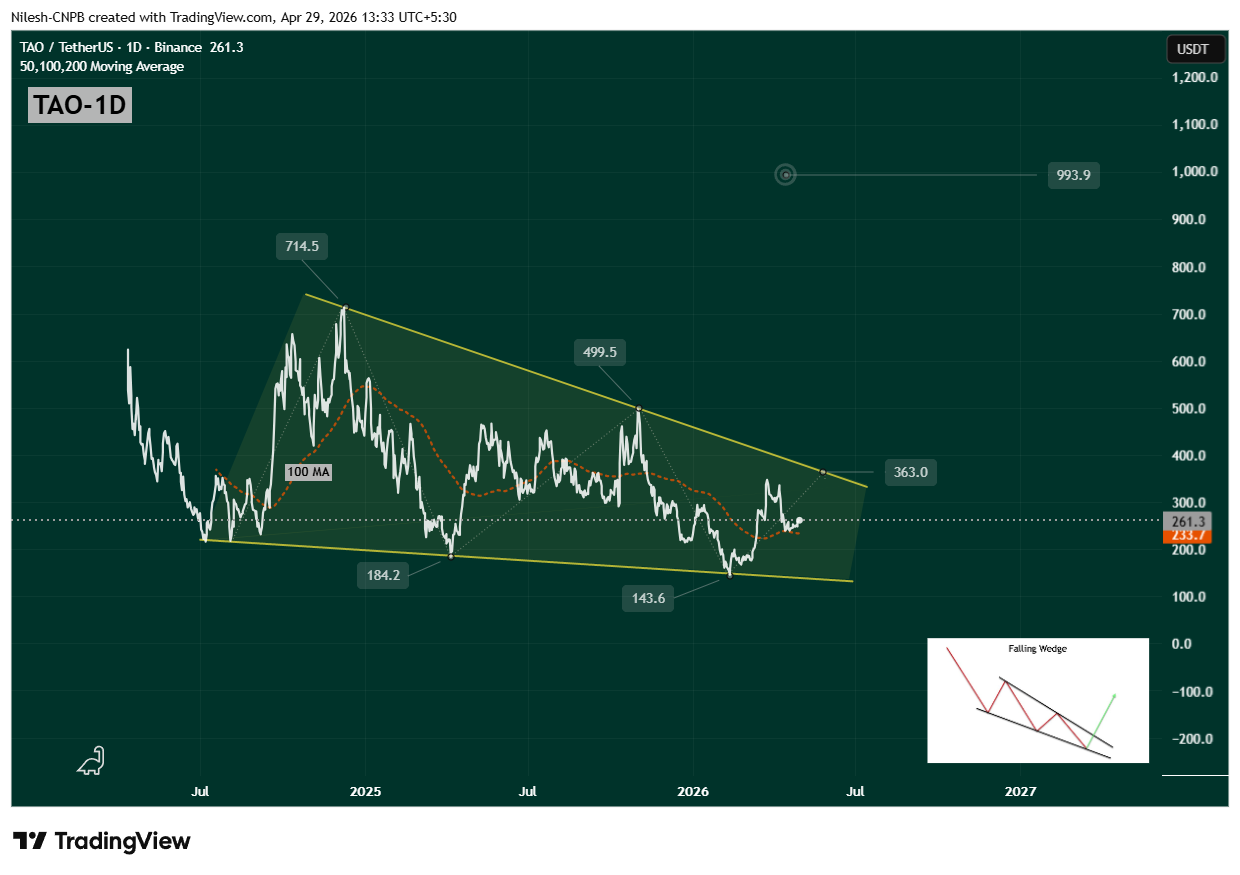 Bittensor (TAO) Daily Chart Showing Falling Wedge Pattern