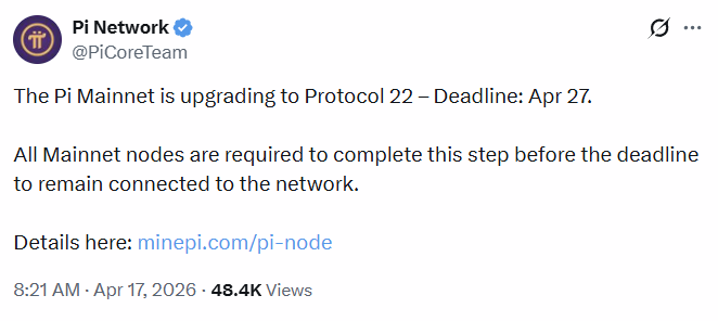 The Pi Mainnet is upgrading to Protocol 22 Deadline Apr 27