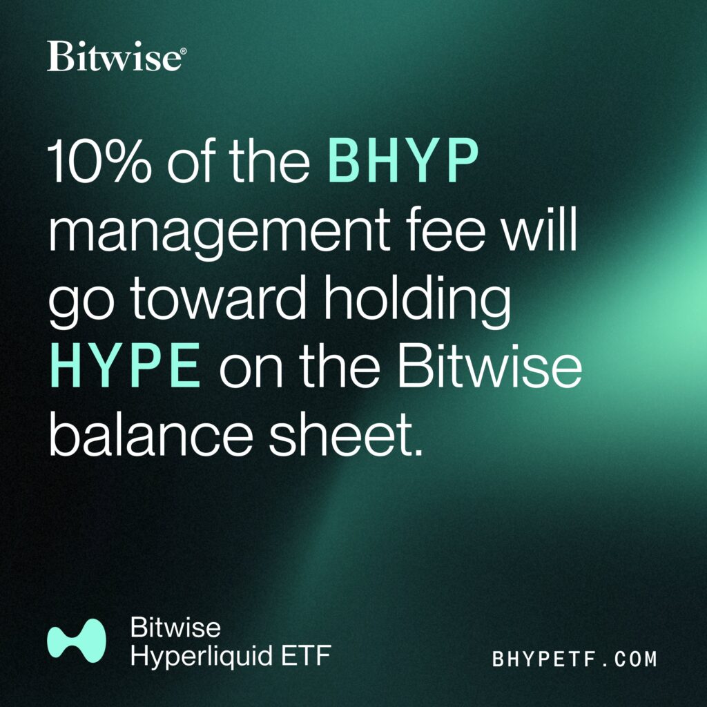Bitwise will be devoting 10% of the Bitwise Hyperliquid ETF ($BHYP) management fee to holding HYPE on the Bitwise balance sheet.
