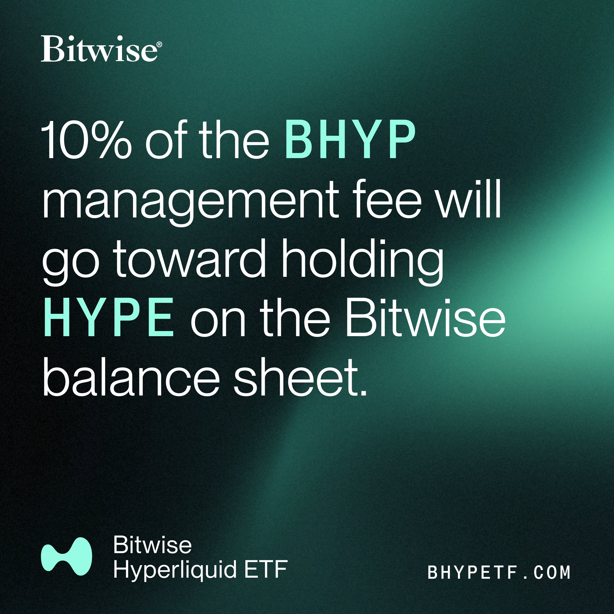 Bitwise will be devoting 10% of the Bitwise Hyperliquid ETF ($BHYP) management fee to holding HYPE on the Bitwise balance sheet.