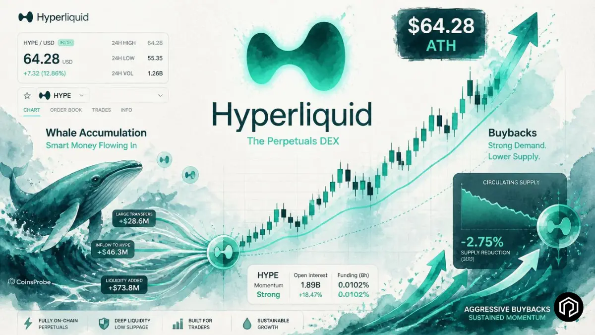Hyperliquid (HYPE) Surges to New ATH of $64.28 as Whales and Buybacks Fuel Rally