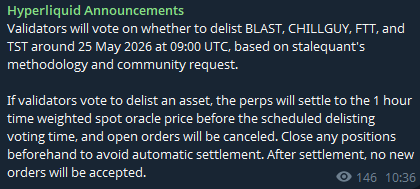Validators will vote on to delist $BLAST, $CHILLGUY , $FTT, and $TST