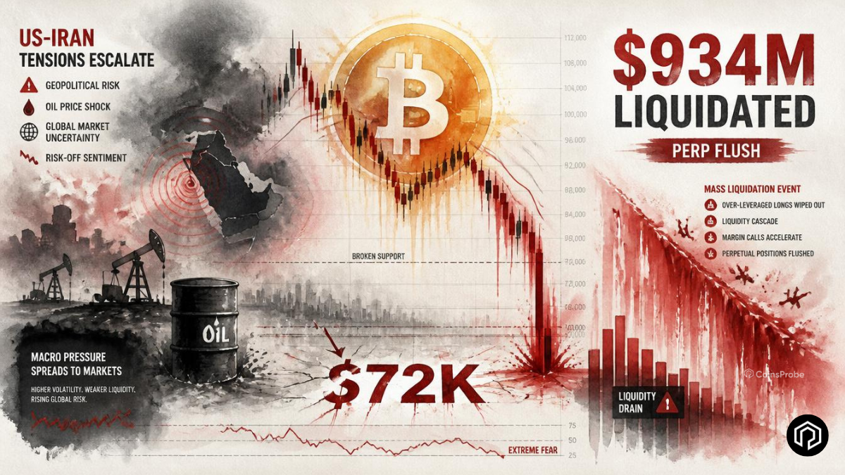 Why Bitcoin Crashed Today — US-Iran Tensions, $934M Liquidated and a Massive Perp Flush