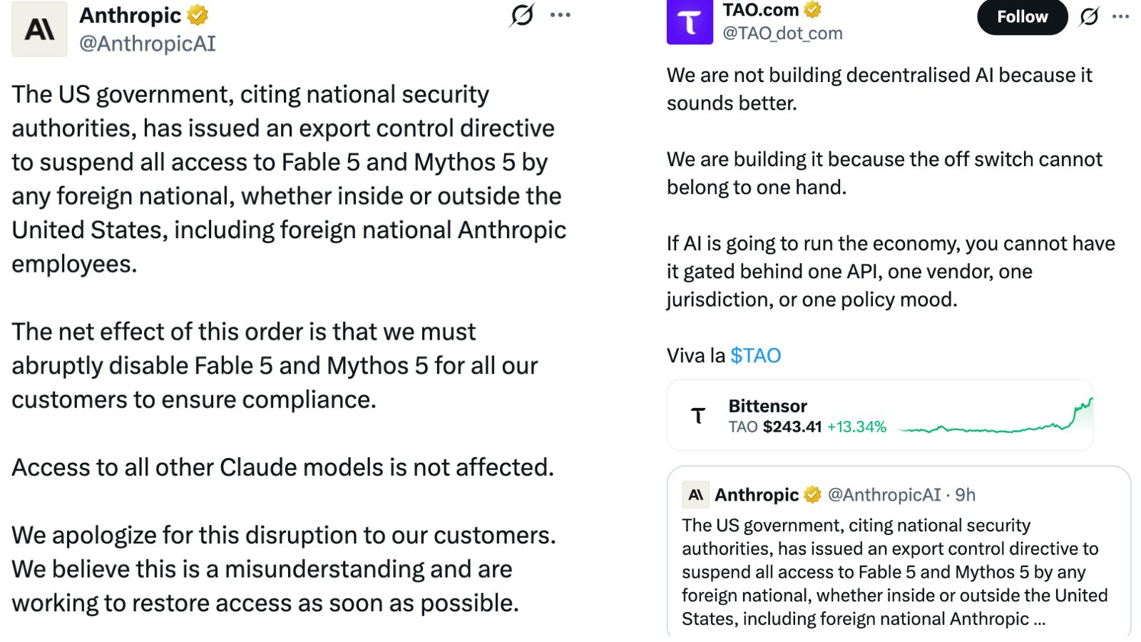 Anthropic disable fable 5 and TAO Token Surge