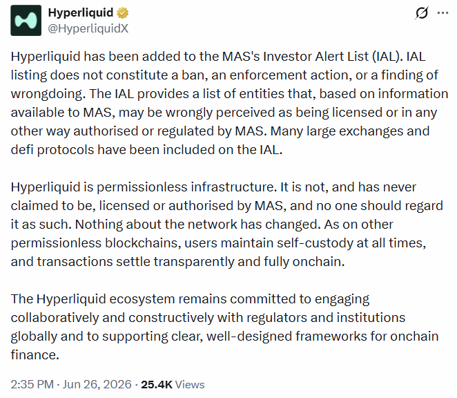 Hyperliquid has been added to the MAS's Investor Alert List (IAL)