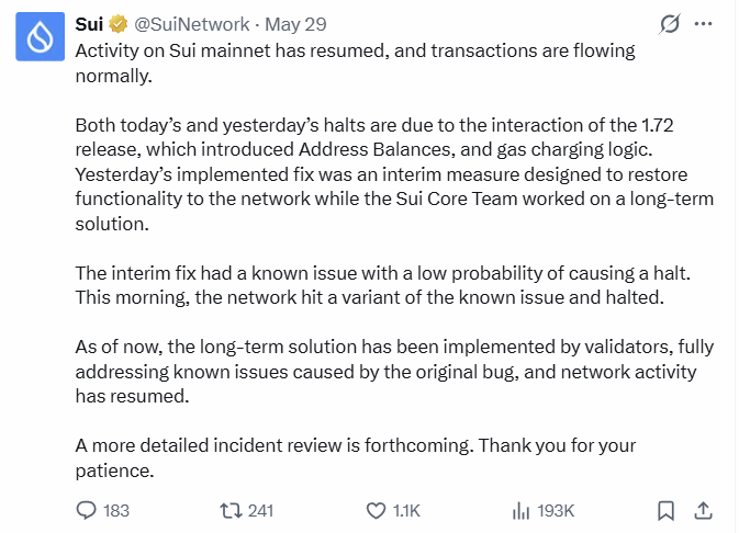 Sui Mainnet Issue Solve Tweet