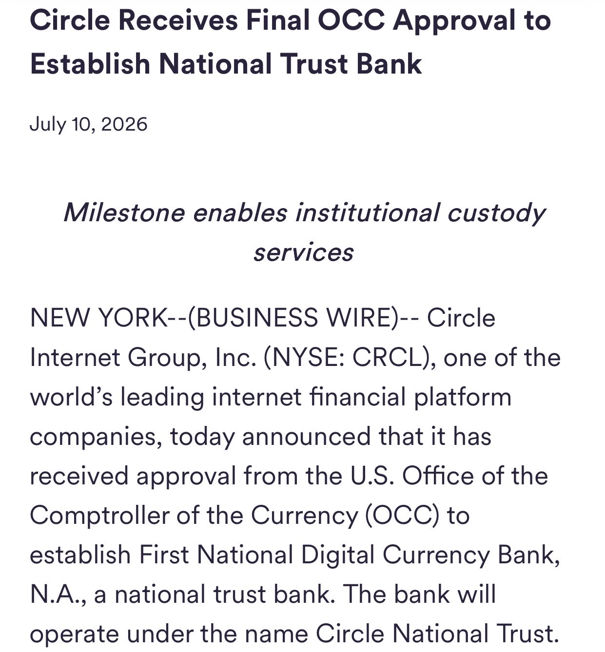 Circle Receives Final OCC Approval to Establish National Trust Bank