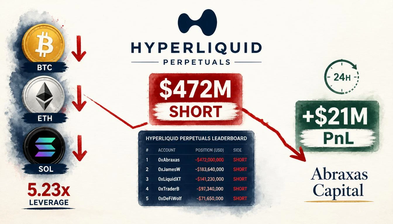 Abraxas Capital Holds $472M in Short Positions — Books $21M in 24h PnL on Hyperliquid