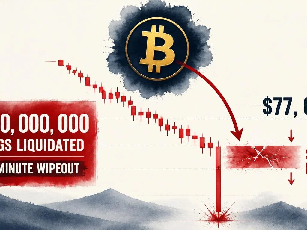 Bitcoin Drops Below $77,000 — $200M in Longs Liquidated in 60 Minutes