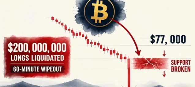 Bitcoin Drops Below $77,000 — $200M in Longs Liquidated in 60 Minutes