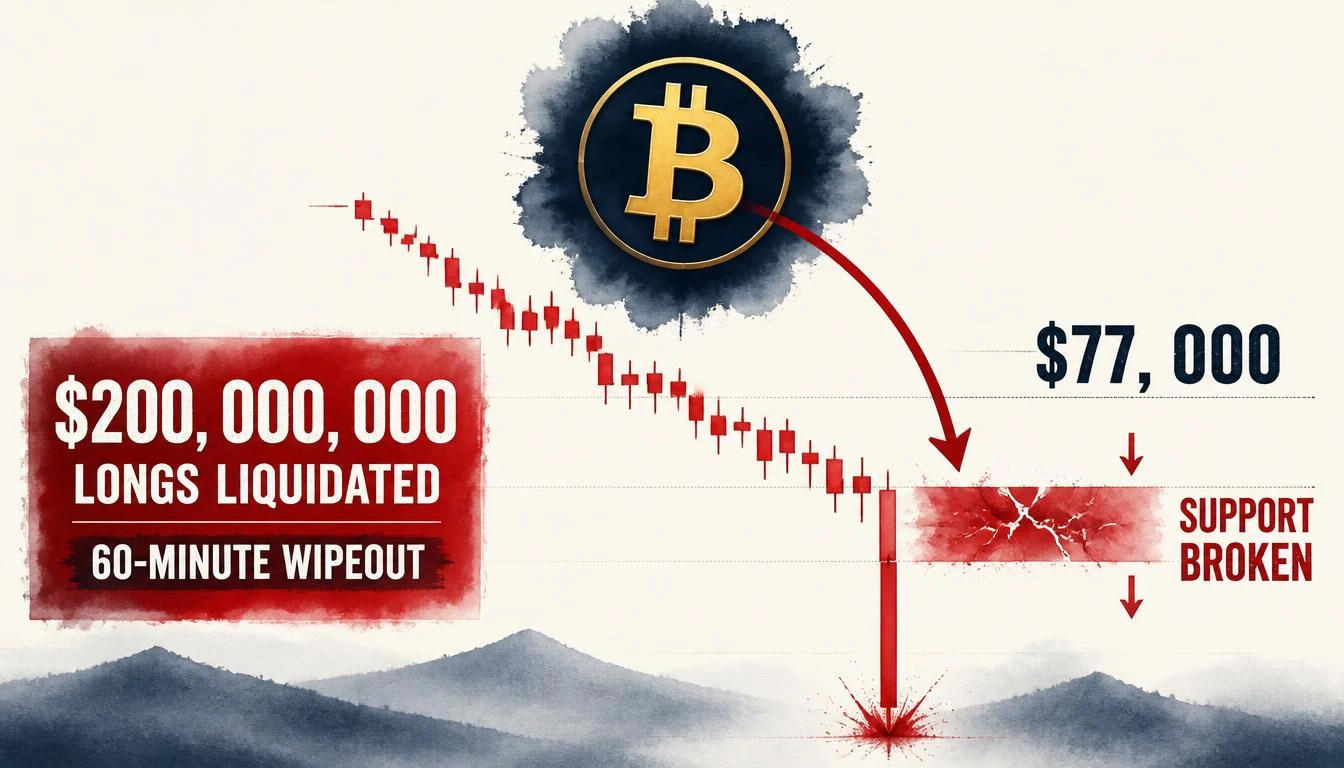 Bitcoin Drops Below $77,000 — $200M in Longs Liquidated in 60 Minutes