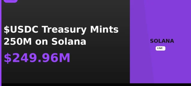 USDC Treasury Mints 250M Tokens on Solana Worth ~$249.96M