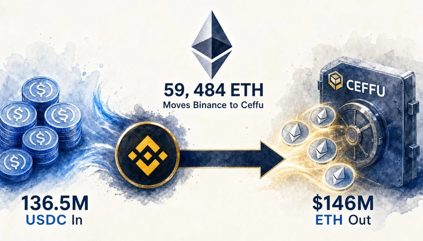 59,484 ETH Worth $145.99M Moves from Binance to Ceffu — Alongside $136.55M USDC Inflow