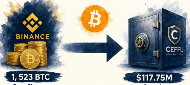 1,523 BTC Worth $117.75M Moves from Binance to Ceffu — Institutional Signal