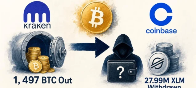 1,497 BTC Worth $115.73M Exits Kraken — 27.99M XLM Also Leaves Coinbase