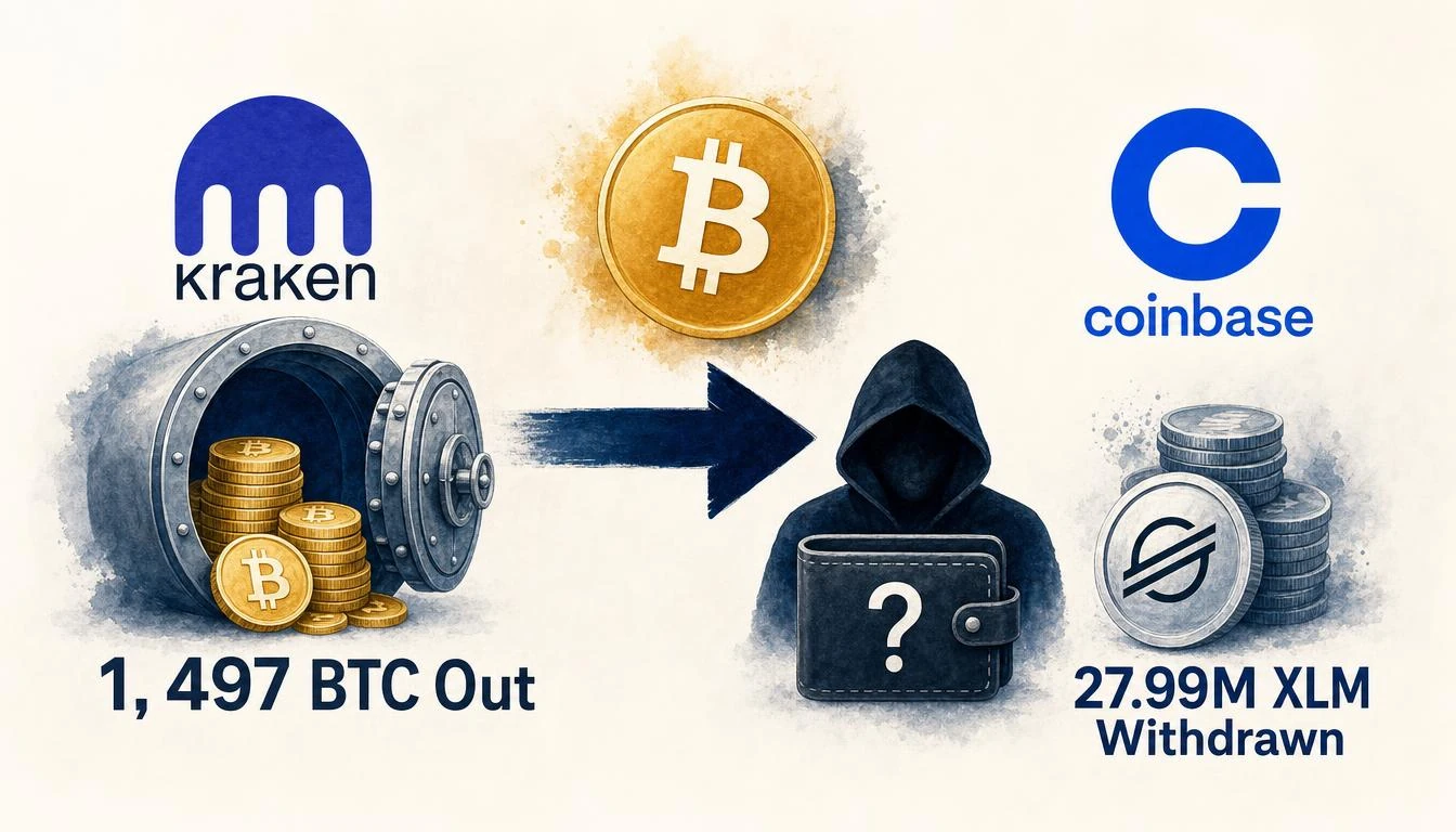 1,497 BTC Worth $115.73M Exits Kraken — 27.99M XLM Also Leaves Coinbase