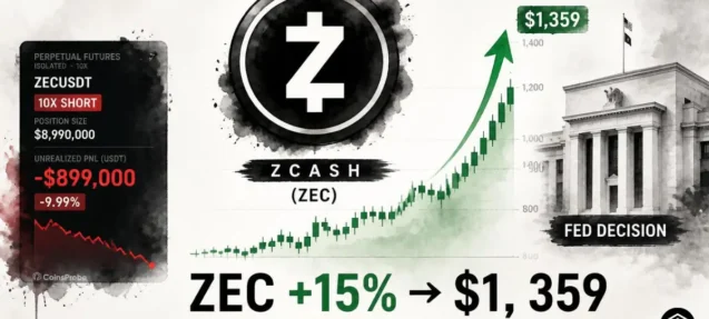 Zcash (ZEC) Jumps 15% to $1,359 as 10x Short Takes $899K Loss After Fed Decision