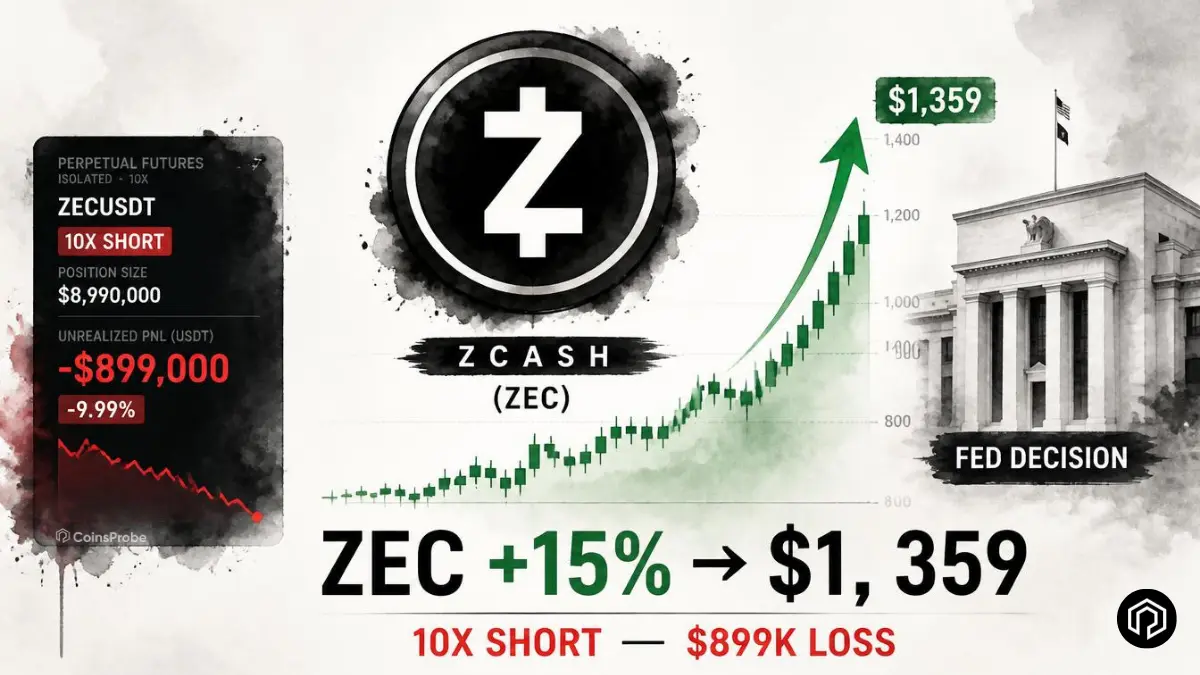 Zcash (ZEC) Jumps 15% to $1,359 as 10x Short Takes $899K Loss After Fed Decision