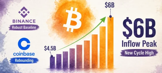 Bitcoin Stablecoin Inflows Hit $6B — Binance Holds, Coinbase Rebounds