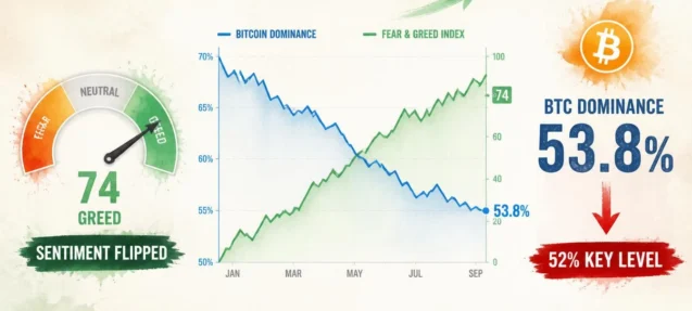 Crypto Sentiment Flipped: F&G Jumps 30→74 as BTC Dominance Breaks Down