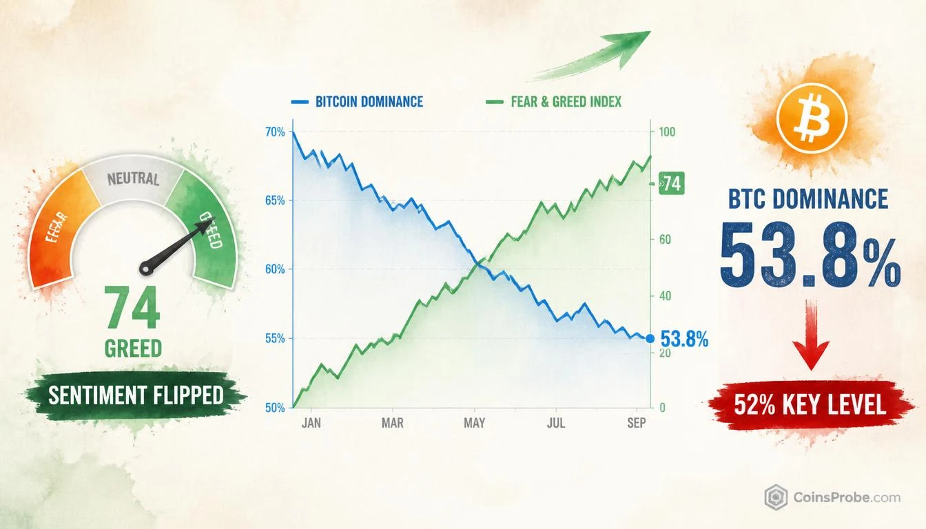 Crypto Sentiment Flipped: F&G Jumps 30→74 as BTC Dominance Breaks Down