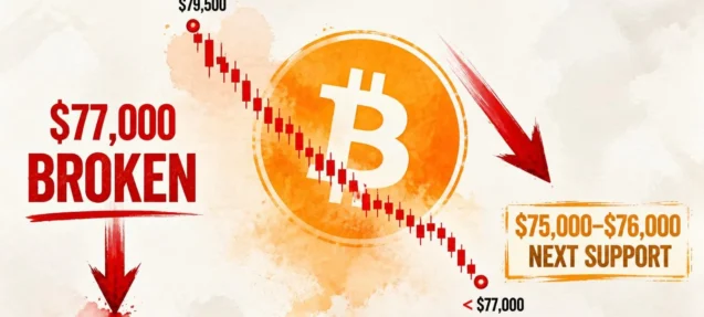 Bitcoin Falls Below $77,000 — $2,500 Drop From $79,500 Peak With No Bounce